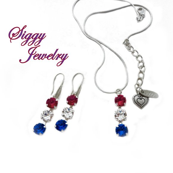 Swarovski Crystal July 4th Dangle Necklace and Earrings, Red White and Blue - Picture 1 of 4